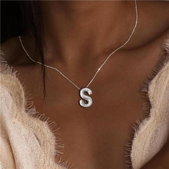 Silver Initial Pendant Necklace – Personalized Letter “Y” Trendy Stuffed Bubble - Picture 3 of 5